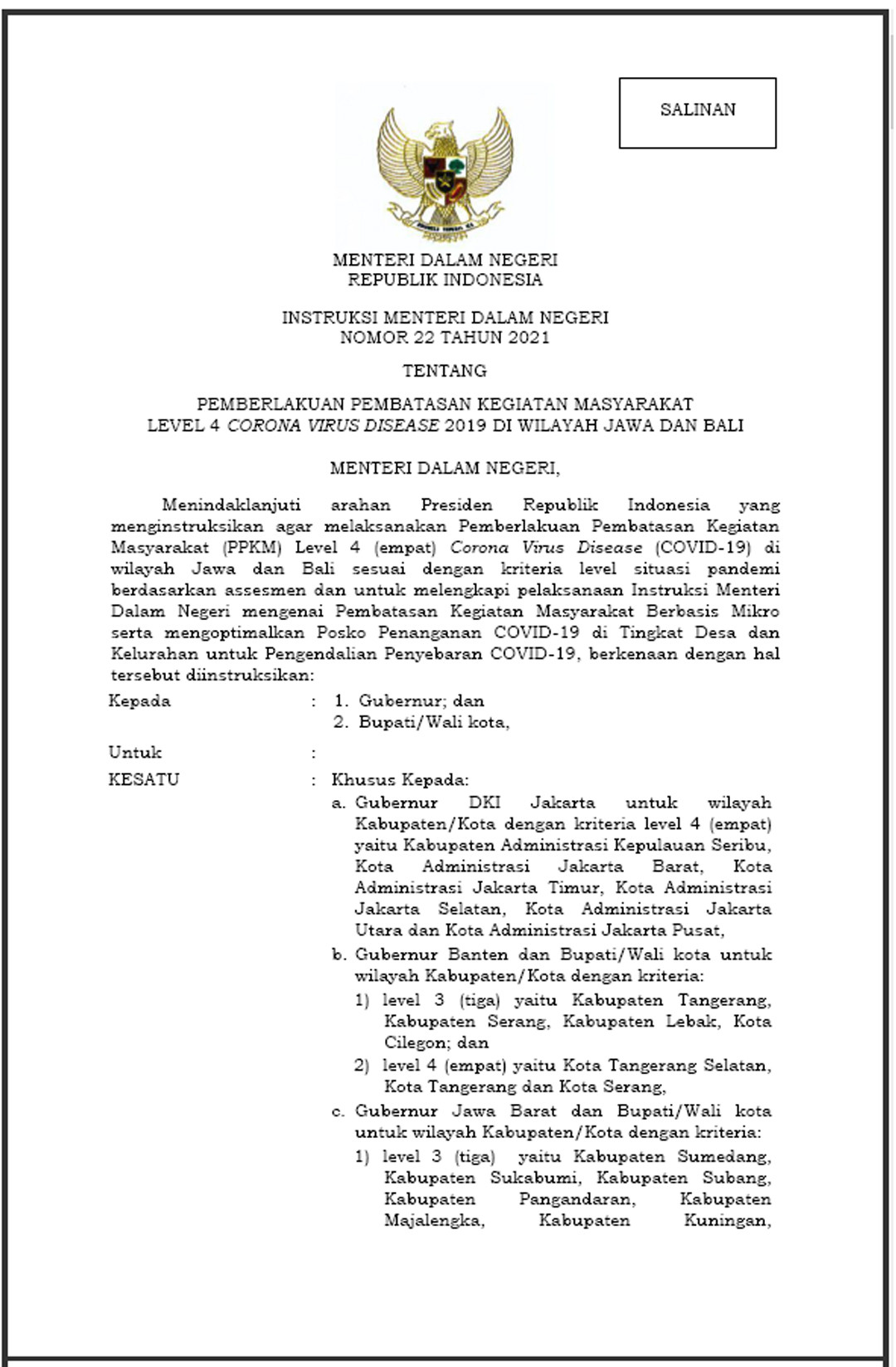 Inmendagri Jawa Bali No 22 Tahun 2021